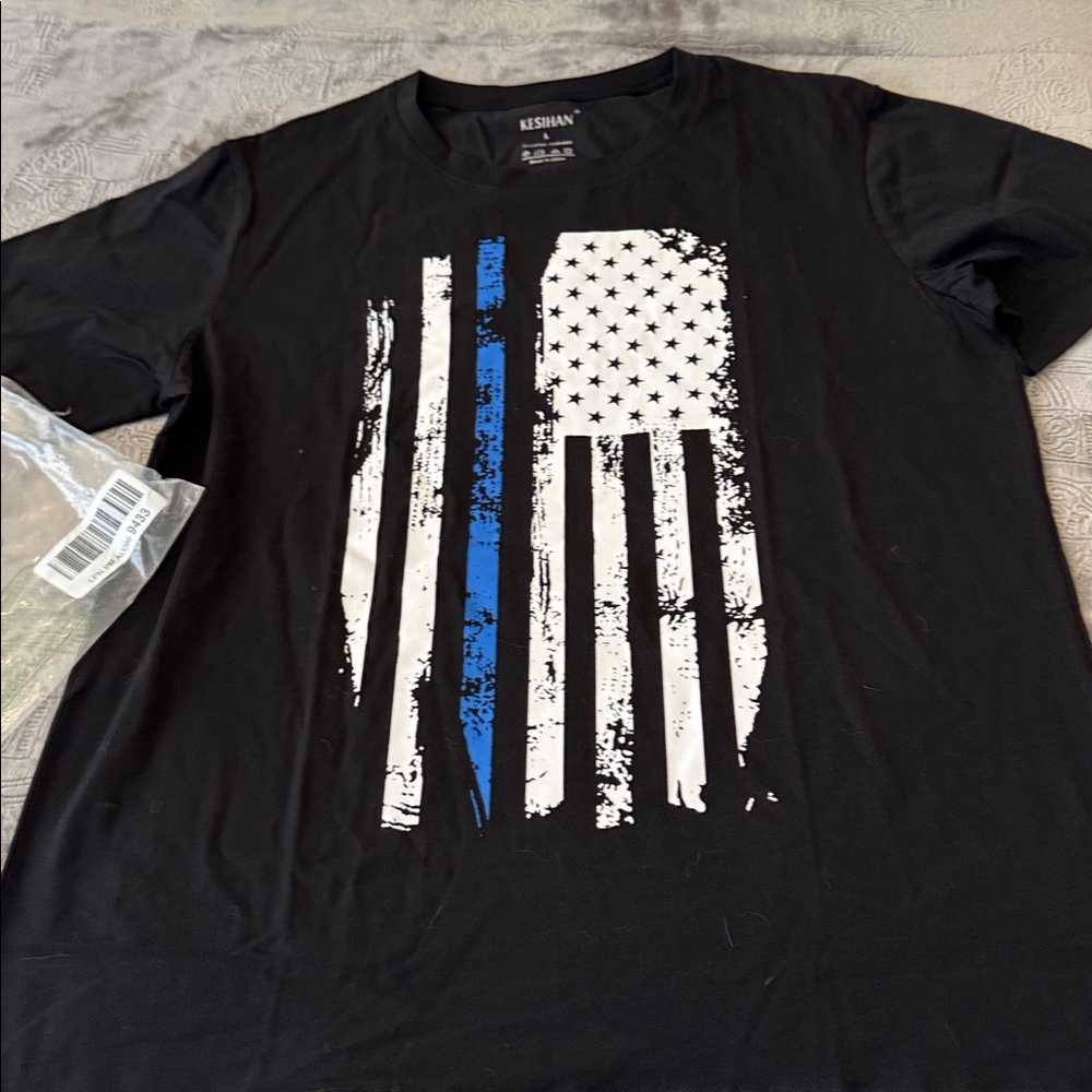Kesihan Black T-Shirt with Blue Line Flag Design/ Large